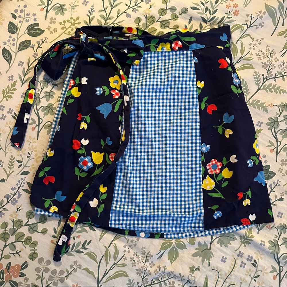 Vintage 60s 70s Navy Floral and Blue Gingham Wrap Mini Skirt